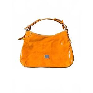 Dooney & Bourke Orange Patent Leather Hobo Shoulder Bag Pink Lining Vintage
